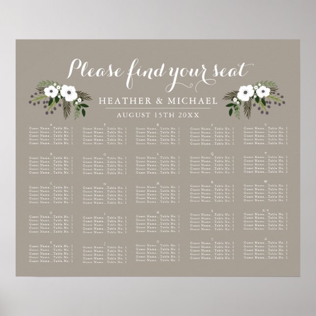 Floral Wreath - Alphabetical Seating Chart (Front)