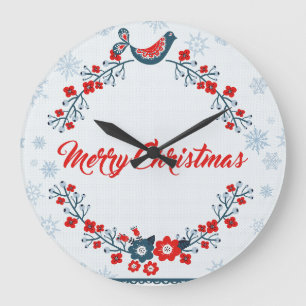 Floral Wreath And Bird Large Clock