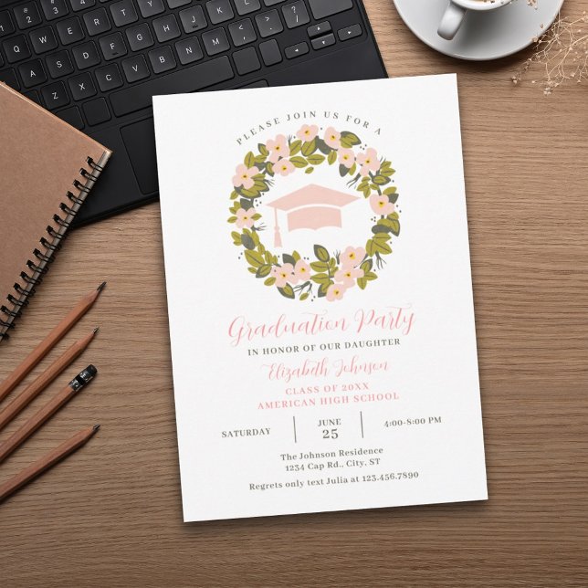 Floral Wreath and Cap Graduation Invitation (Creator Uploaded)