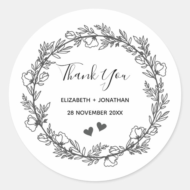 Floral wreath and hearts custom   thank you    classic round sticker (Front)