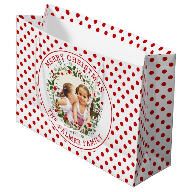 Floral wreath and red, white dots Christmas photo Large Gift Bag (Front Angled)