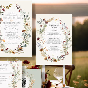 Floral Wreath Autumn Wildflower Wedding Details Invitation