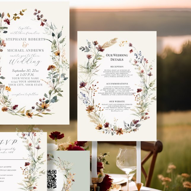 Floral Wreath Autumn Wildflower Wedding Details Invitation (Creator Uploaded)