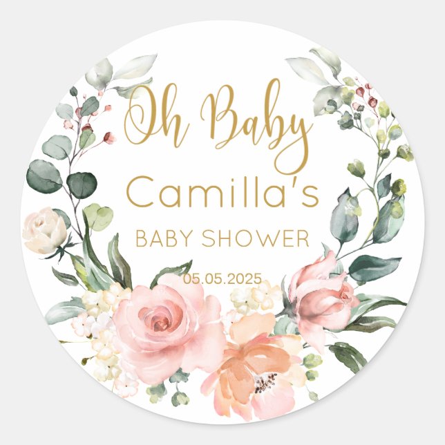 Floral wreath Baby Shower Classic Round Sticker (Front)