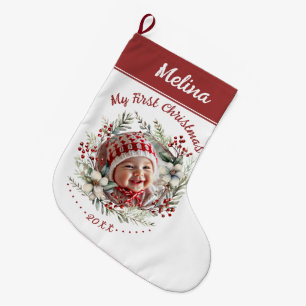Floral wreath Baby's First Christmas floral photo  Large Christmas Stocking