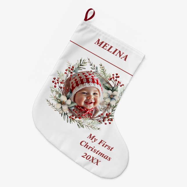 Floral wreath Baby's First Christmas name photo Large Christmas Stocking (Front (Hanging))