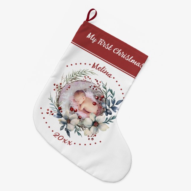 Floral wreath Baby's First Christmas photo Large Christmas Stocking (Front (Hanging))