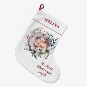 Floral wreath Baby's First Christmas photo Large Christmas Stocking
