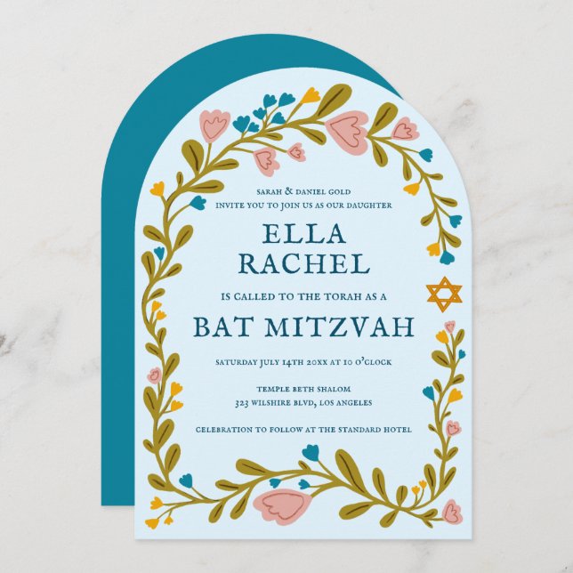 Floral Wreath Bat Mitzvah Hand-drawn Custom Arch Invitation (Front/Back)
