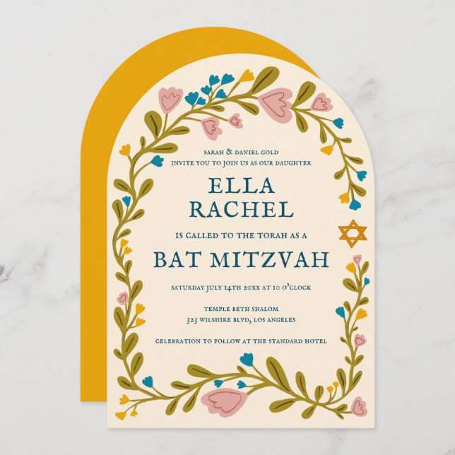 Floral Wreath Bat Mitzvah Hand-drawn Custom Arch Invitation (Front/Back)