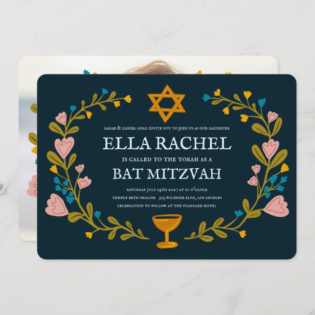 Floral Wreath Bat Mitzvah Hand-drawn Custom  Invitation (Front/Back)