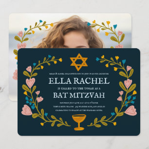 Floral Wreath Bat Mitzvah Hand-drawn Custom  Invitation