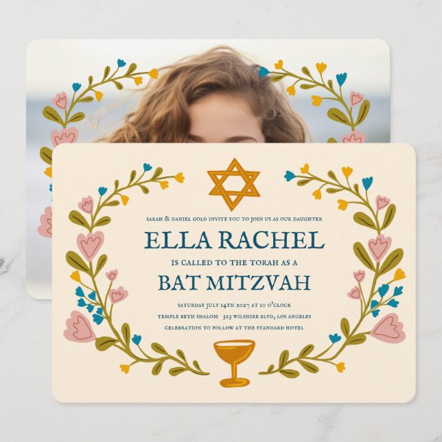 Floral Wreath Bat Mitzvah Hand-drawn Custom  Invitation (Front/Back)