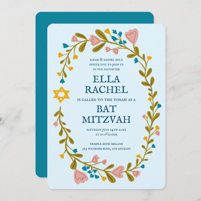 Floral Wreath Bat Mitzvah Hand-drawn Custom Invitation (Front/Back)