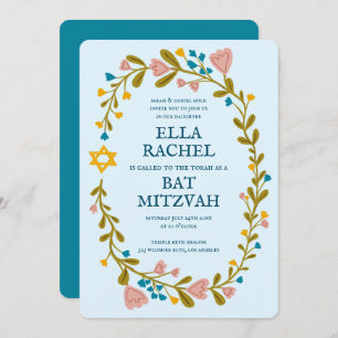 Floral Wreath Bat Mitzvah Hand-drawn Custom Invitation