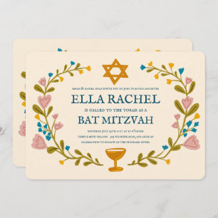 Floral Wreath Bat Mitzvah Hand-drawn Custom  Invitation