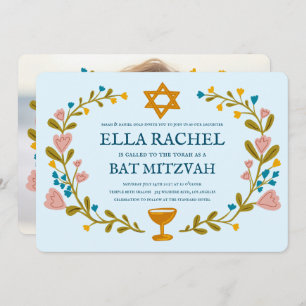 Floral Wreath Bat Mitzvah Hand-drawn Custom  Invitation
