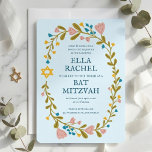 Floral Wreath Bat Mitzvah Hand-drawn Custom Invitation<br><div class="desc">Perfect card to announce a bar mitzvah, bat mitzvah or other Jewish celebration! Hand made art for you! FULLY CUSTOMIZABLE! Click on “Personalise” above to edit the text. Click "edit using design tool" to adjust the fonts, colours and placements. Also you can easily change the card style to have square...</div>