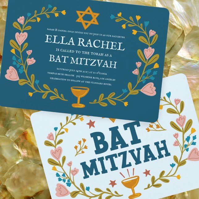 Floral Wreath Bat Mitzvah Hand-drawn Custom  Invitation (Floral Wreath Bat Mitzvah Hand-drawn Custom Invitation
)