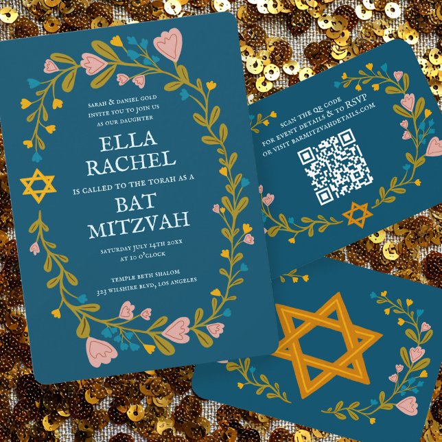Floral Wreath Bat Mitzvah Hand-drawn Custom Invitation (Floral Wreath Bat Mitzvah Hand-drawn Custom Invitation
)