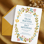Floral Wreath Bat Mitzvah Hand-drawn Custom Invitation<br><div class="desc">Perfect card to announce a bar mitzvah, bat mitzvah or other Jewish celebration! Hand made art for you! FULLY CUSTOMIZABLE! Click on “Personalise” above to edit the text. Click "edit using design tool" to adjust the fonts, colours and placements. Also you can easily change the card style to have square...</div>