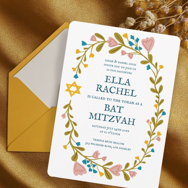 Floral Wreath Bat Mitzvah Hand-drawn Custom Invitation (Floral Wreath Bat Mitzvah Hand-drawn Custom Invitation
)