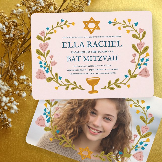 Floral Wreath Bat Mitzvah Hand-drawn Custom  Invitation (Floral Wreath Bat Mitzvah Hand-drawn Custom PHOTO Invitation
)