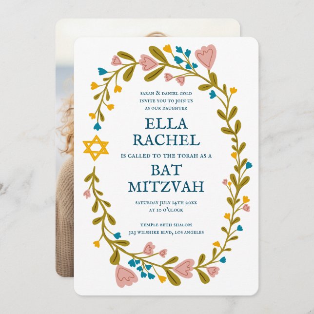 Floral Wreath Bat Mitzvah Hand-drawn Custom  Invitation (Front/Back)