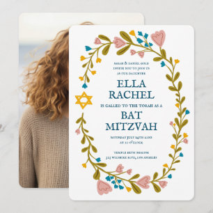 Floral Wreath Bat Mitzvah Hand-drawn Custom  Invitation