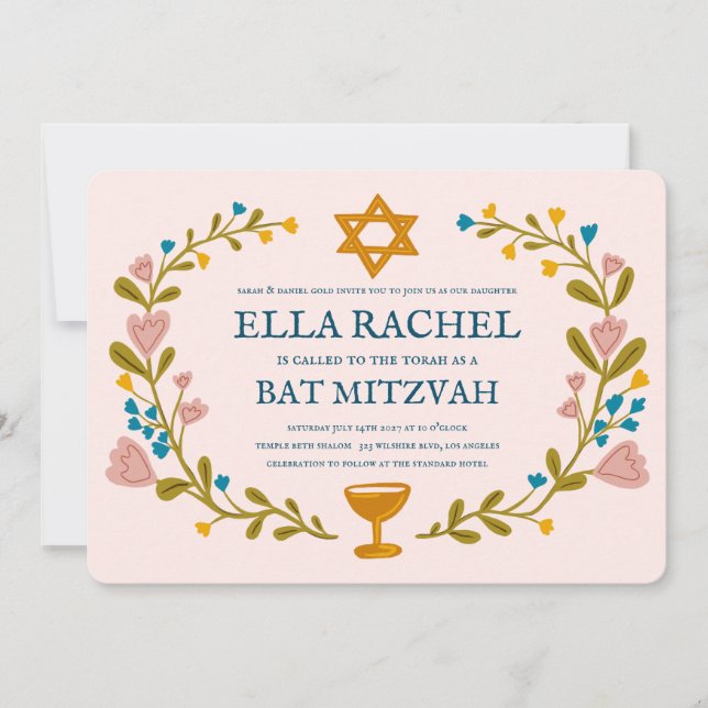 Floral Wreath Bat Mitzvah Hand-drawn Custom  Invitation (Front)