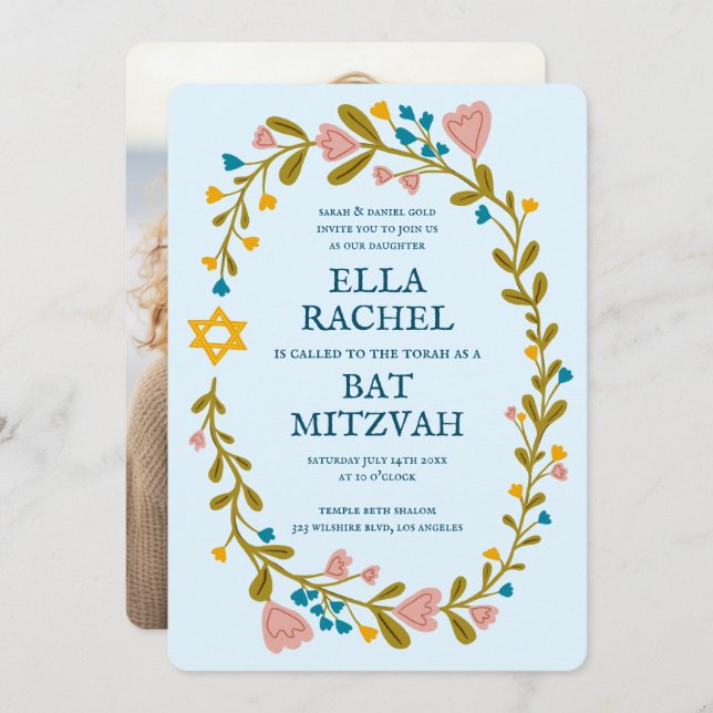 Floral Wreath Bat Mitzvah Hand-drawn Custom Photo Invitation (Front/Back)