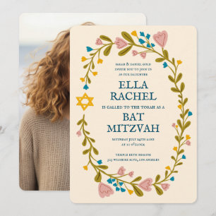 Floral Wreath Bat Mitzvah Hand-drawn Custom Photo Invitation