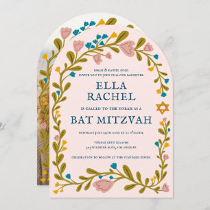 Floral Wreath Bat Mitzvah Hand-drawn Custom PHOTO Invitation