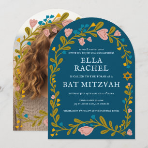 Floral Wreath Bat Mitzvah Hand-drawn Custom PHOTO Invitation