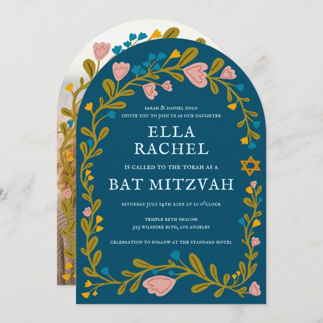 Floral Wreath Bat Mitzvah Hand-drawn Custom PHOTO Invitation (Front/Back)