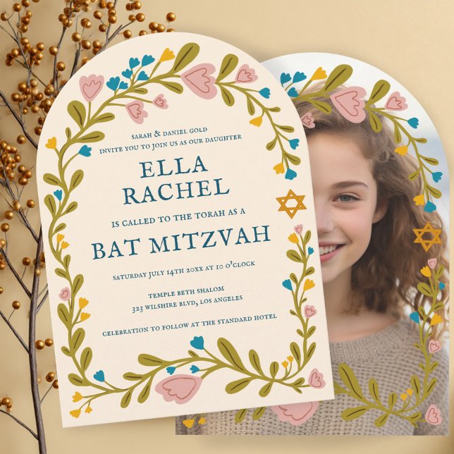 Floral Wreath Bat Mitzvah Hand-drawn Custom PHOTO Invitation (Floral Wreath Bat Mitzvah Hand-drawn Custom PHOTO Invitation
)