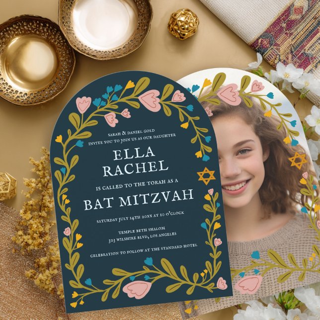 Floral Wreath Bat Mitzvah Hand-drawn Custom PHOTO Invitation (Floral Wreath Bat Mitzvah Hand-drawn Custom PHOTO Arched Invitation
)
