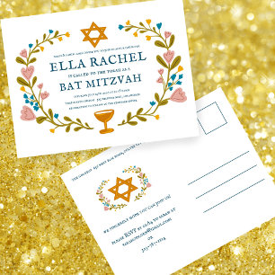 Floral Wreath Bat Mitzvah Hand-drawn Custom  Postcard