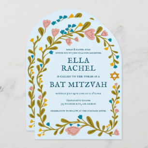 Floral Wreath Bat Mitzvah Hand-drawn Custom QRcode Invitation