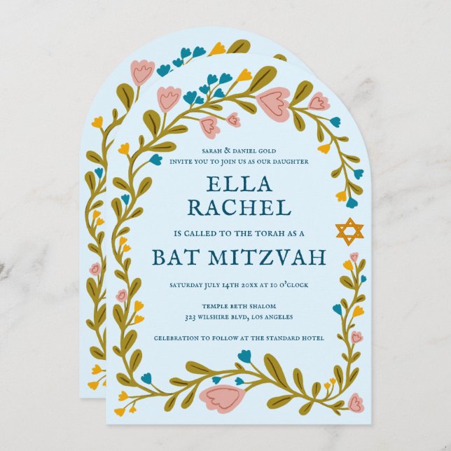 Floral Wreath Bat Mitzvah Hand-drawn Custom QRcode Invitation (Front/Back)