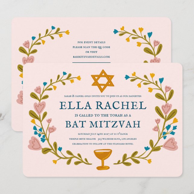 Floral Wreath Bat Mitzvah Hand-drawn Custom QRcode Invitation (Front/Back)