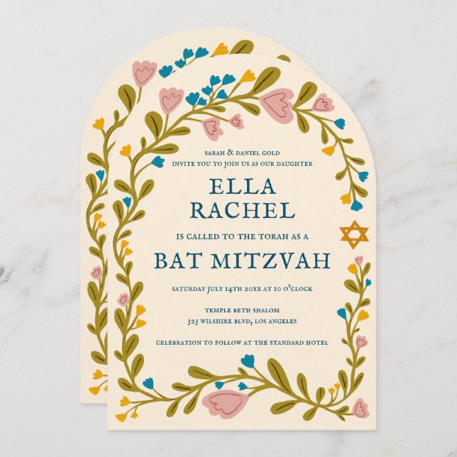 Floral Wreath Bat Mitzvah Hand-drawn Custom QRcode Invitation (Front/Back)