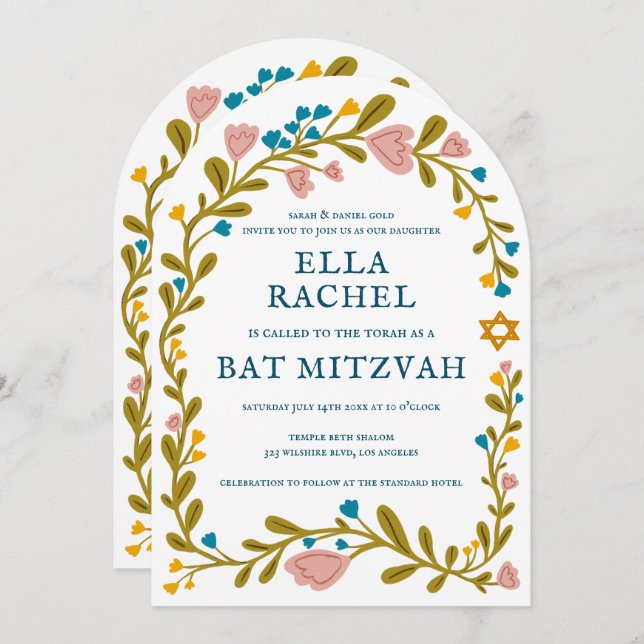 Floral Wreath Bat Mitzvah Hand-drawn Custom QRcode Invitation (Front/Back)