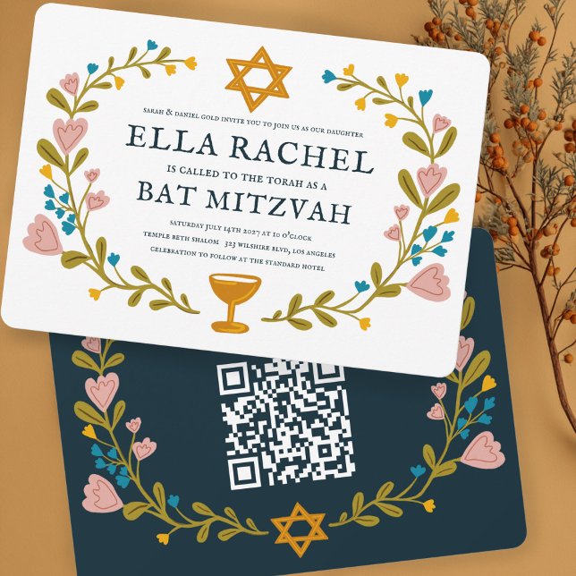 Floral Wreath Bat Mitzvah Hand-drawn Custom QRcode Invitation (Floral Wreath Bat Mitzvah Hand-drawn Custom QR code Invitation
)