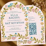 Floral Wreath Bat Mitzvah Hand-drawn Custom QRcode Invitation<br><div class="desc">Perfect card to announce a bar mitzvah, bat mitzvah or other Jewish celebration! Hand made art for you! FULLY CUSTOMIZABLE! Click on “Personalise” above to edit the text and add your link to the QR code on the back (check my shop for alternate designs with custom photo). Click "edit using...</div>