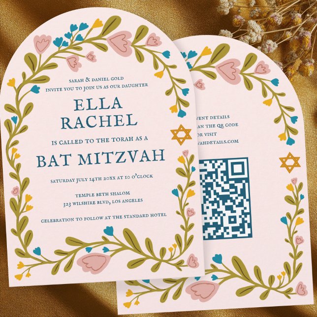 Floral Wreath Bat Mitzvah Hand-drawn Custom QRcode Invitation (Floral Wreath Bat Mitzvah Hand-drawn Custom QR code Arched Pink Invitation
)