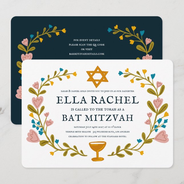Floral Wreath Bat Mitzvah Hand-drawn Custom QRcode Invitation (Front/Back)