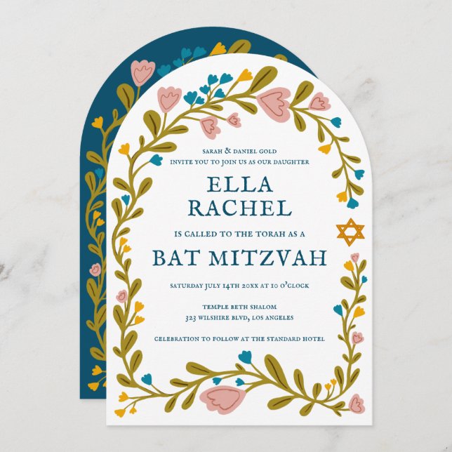 Floral Wreath Bat Mitzvah Hand-drawn Custom QRcode Invitation (Front/Back)