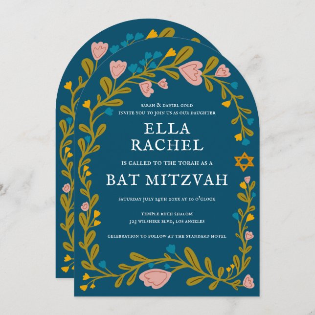 Floral Wreath Bat Mitzvah Hand-drawn Custom QRcode Invitation (Front/Back)