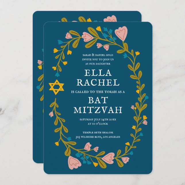 Floral Wreath Bat Mitzvah Hand-drawn Custom QRcode Invitation (Front/Back)